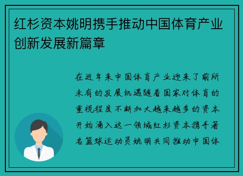 红杉资本姚明携手推动中国体育产业创新发展新篇章