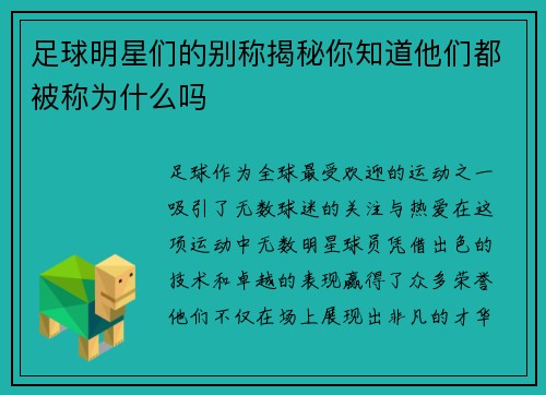 足球明星们的别称揭秘你知道他们都被称为什么吗